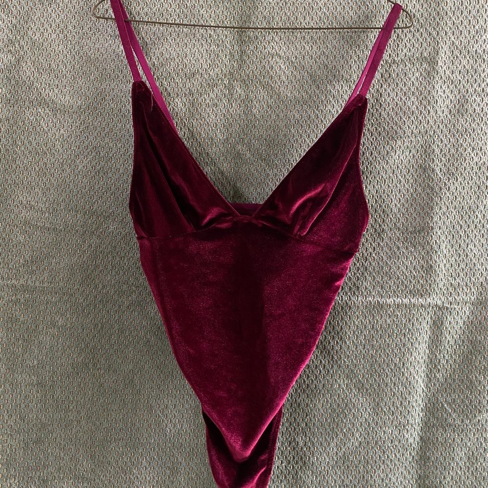 Sexy Burgundy Maroon Velvet Bodysuit Lingerie Top